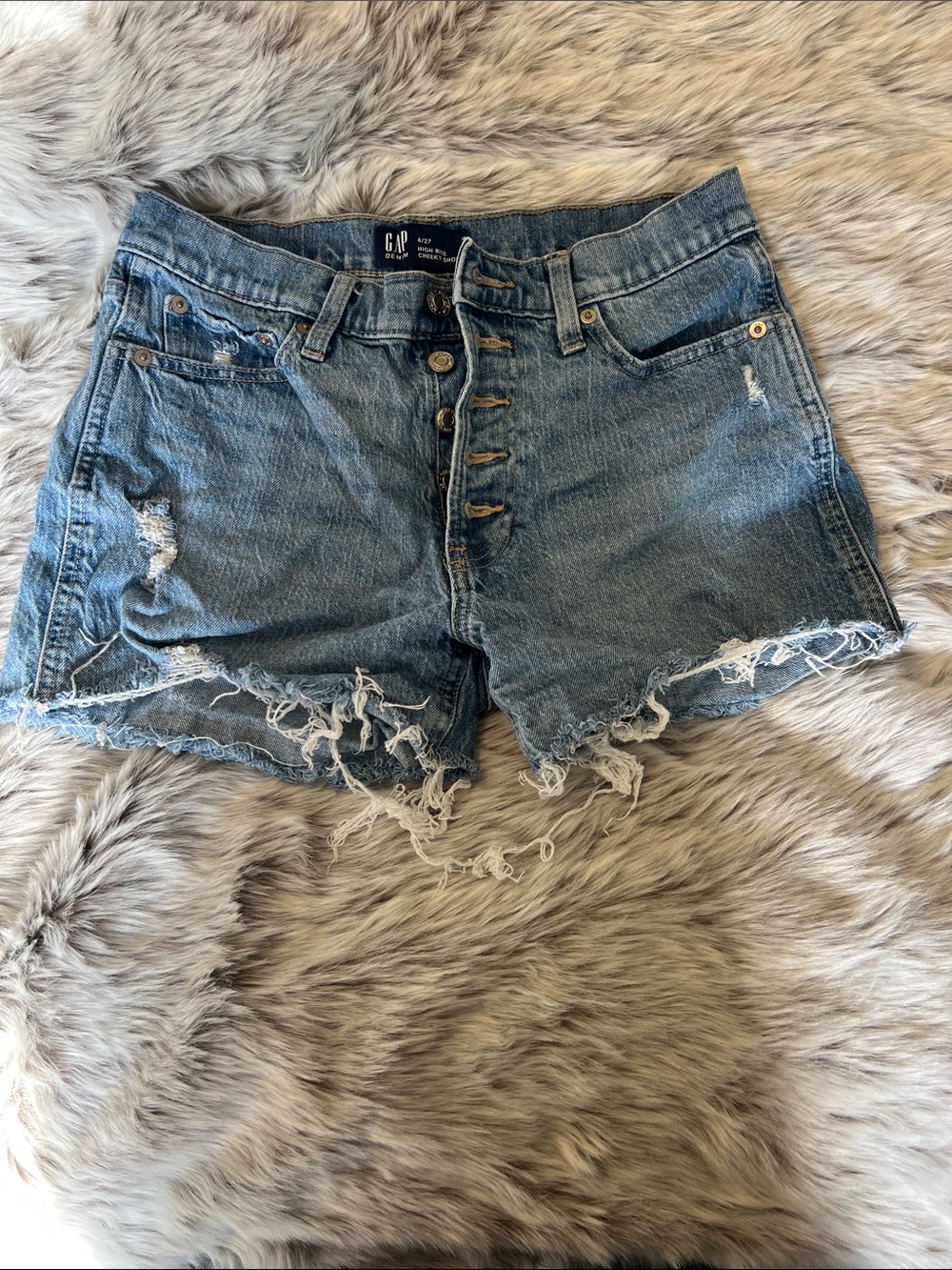 GAP Frayed Distressed High-Rise Denim Shorts in Light Blue